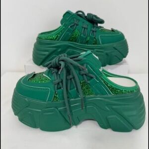 Women’s Platform Slippers Size 6 Green 7cm Wedge Ssndals Bling Slip-on Shoes